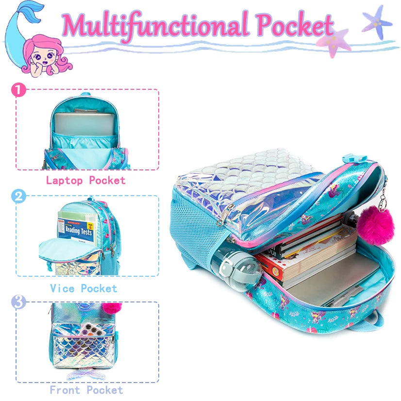 Mermaid Backpack for Girls Backpacks with Lunch Box Set & Pencil Pouch - LittleCuckoo