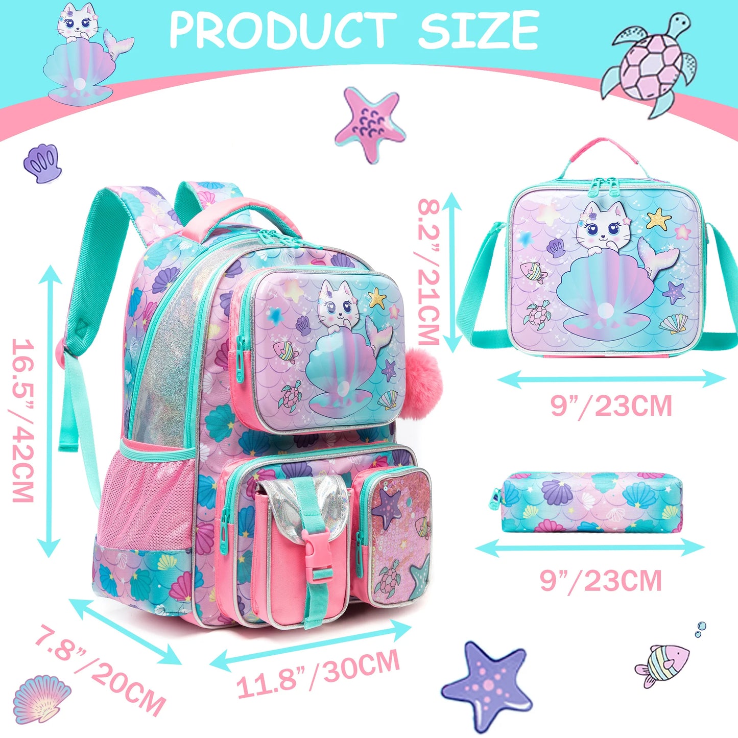 Cute Cat Backpack, Lunchbag And Pencil Case For Girls