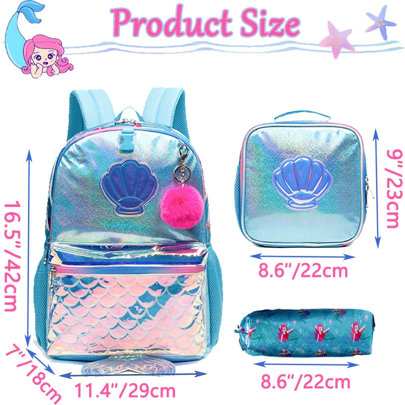 Mermaid Backpack for Girls Backpacks with Lunch Box Set & Pencil Pouch - LittleCuckoo