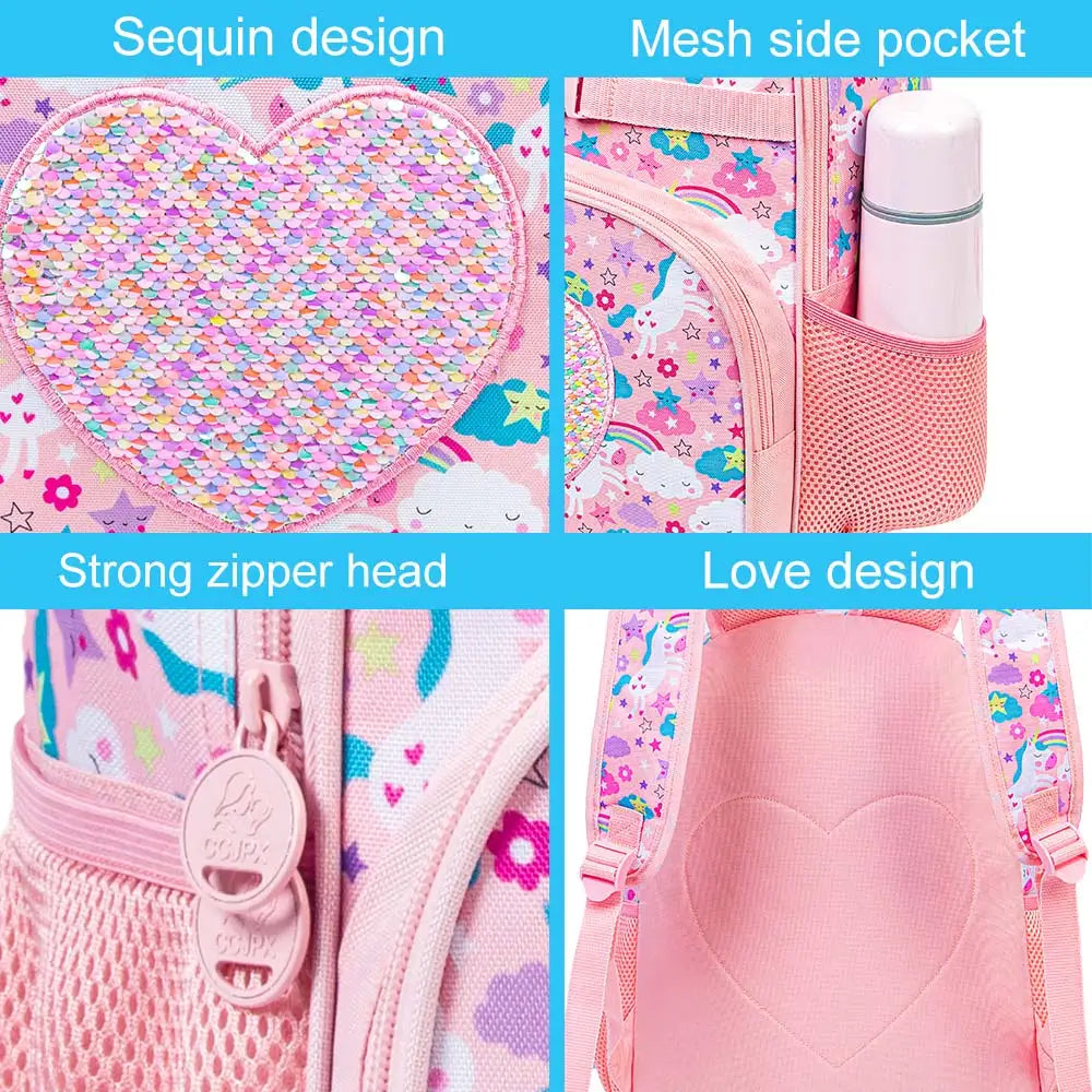 3PCS Unicorn Backpack Girls, 16”Pink Kindergarten Bookbag with Lunch Box, Kids Sequin Backpacks for Elementary School - LittleCuckoo