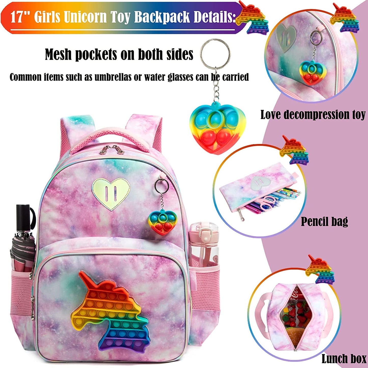 3 In 1 Kids Bags || Children School Bags for Girl || Bag Set with Pop It Push It - LittleCuckoo