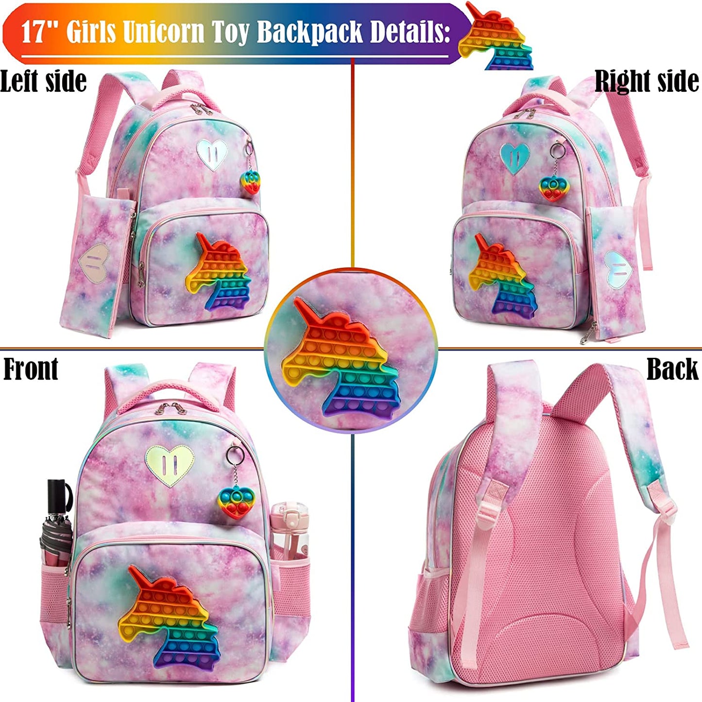 3 In 1 Kids Bags || Children School Bags for Girl || Bag Set with Pop It Push It - LittleCuckoo