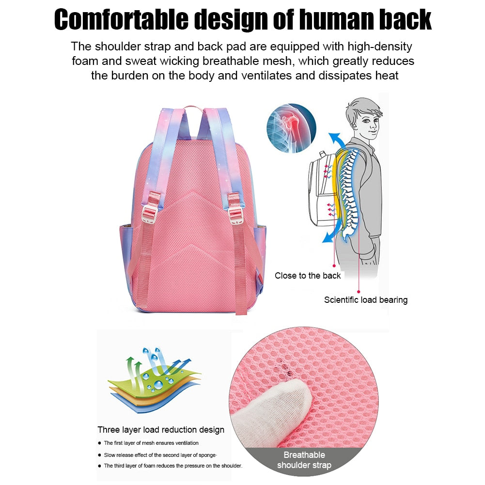 Girls Backpack with Lunch Bag | Gradient Rainbow Print | Teens Daypack Large Capacity Student School Bag | Remote Shipping - LittleCuckoo