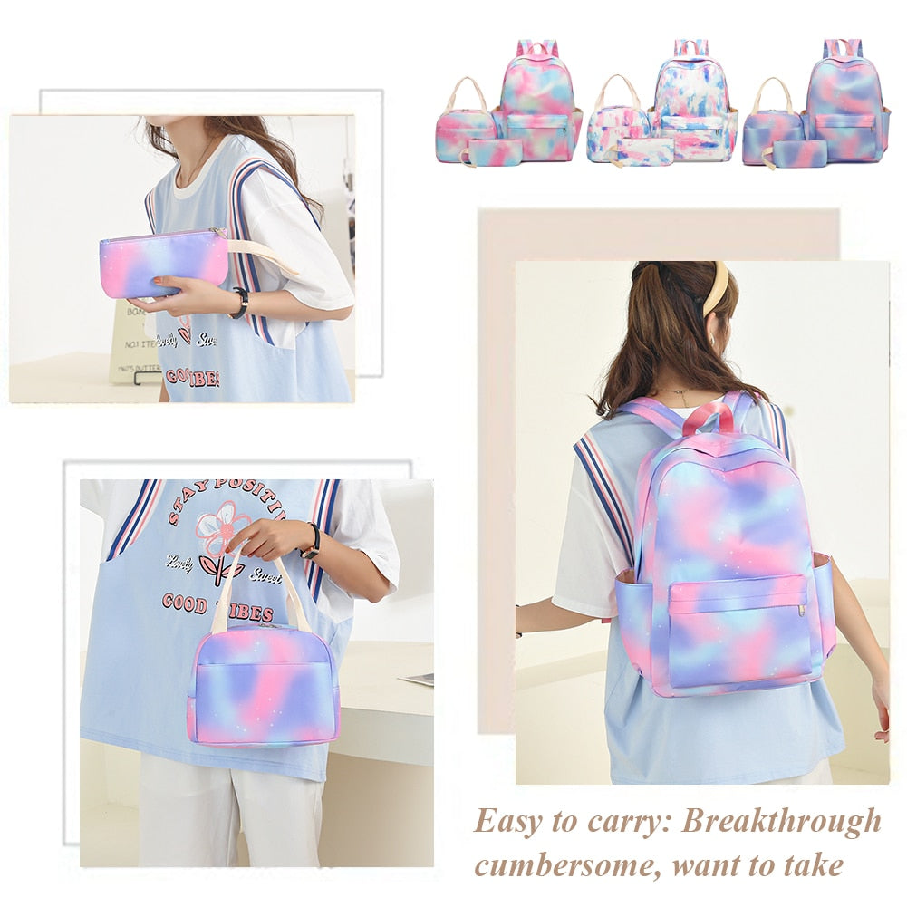 Girls Backpack with Lunch Bag | Gradient Rainbow Print | Teens Daypack Large Capacity Student School Bag | Remote Shipping - LittleCuckoo