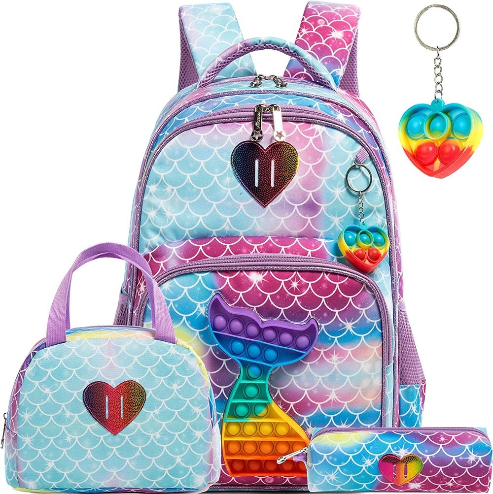 Bag Set with Pop It Push It || Fish Scaled Pattern || 3 In 1 Kids Bags for Girls - LittleCuckoo