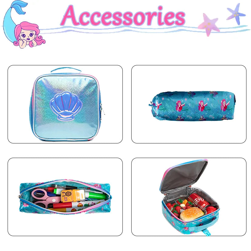 Mermaid Backpack for Girls Backpacks with Lunch Box Set & Pencil Pouch - LittleCuckoo