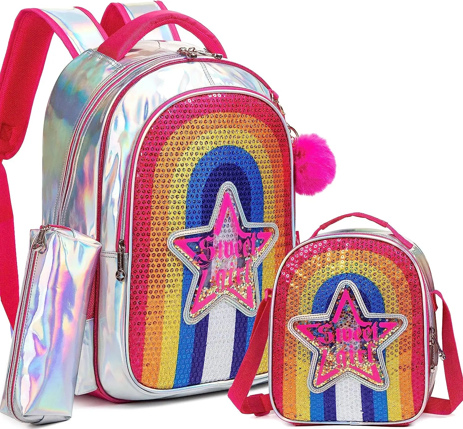 Rainbow Glitter Girls Glitter Backpacks 3-Pieces Backpack For