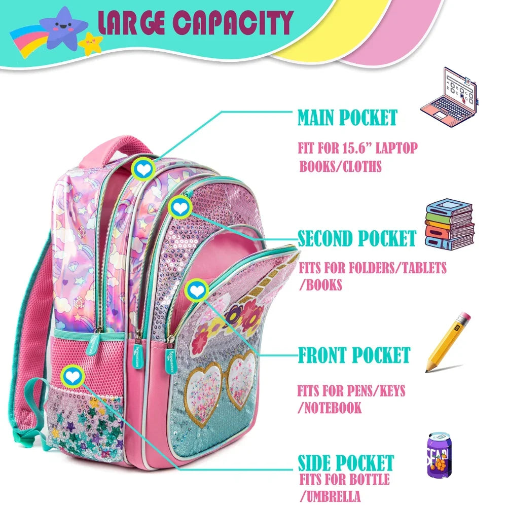3 Piece Set School Bags for Girls | Unicorn Pink Sequins Waterproof  Kids Backpack - LittleCuckoo