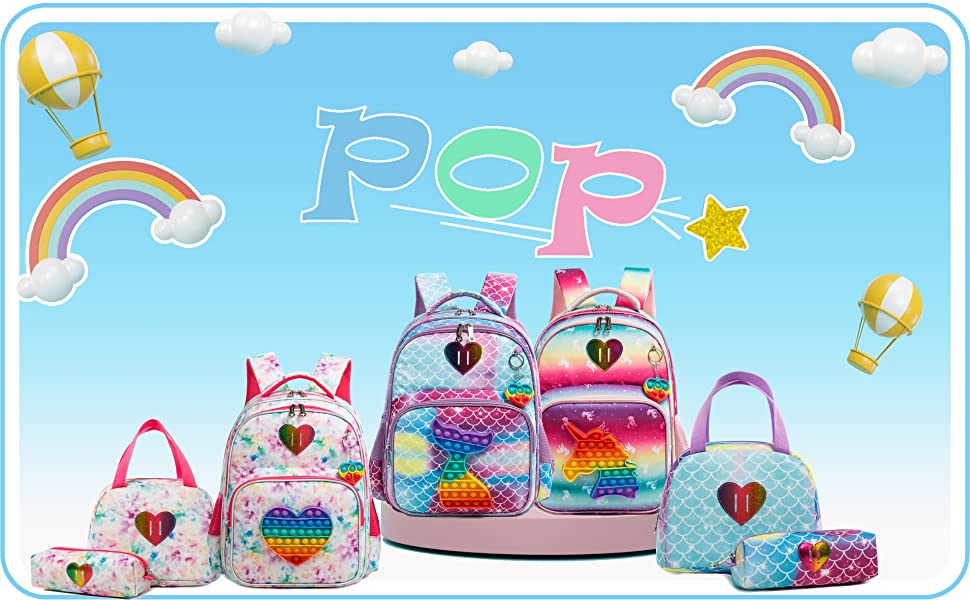 Bag Set with Pop It Push It || Fish Scaled Pattern || 3 In 1 Kids Bags for Girls - LittleCuckoo