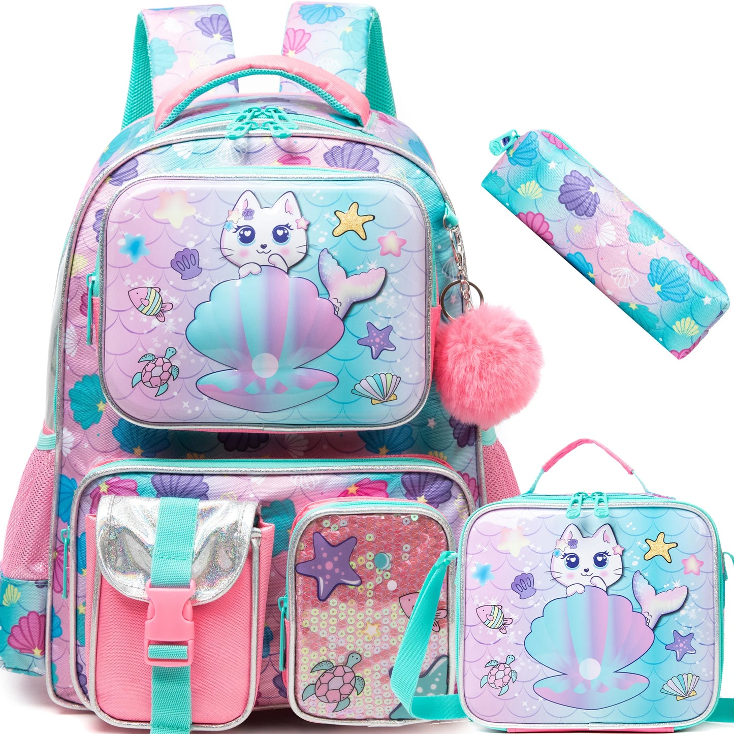 Cute Cat Backpack, Lunchbag And Pencil Case For Girls