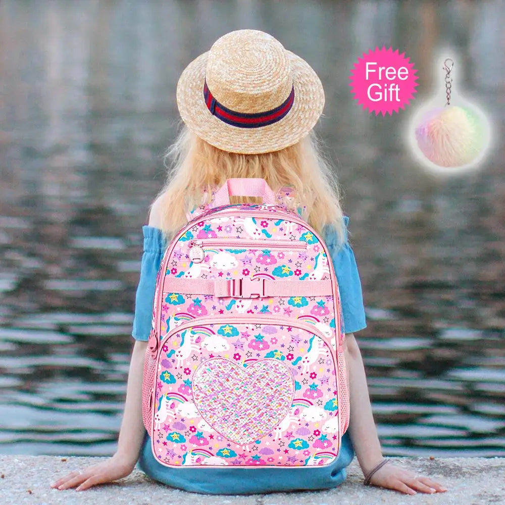 3PCS Unicorn Backpack Girls, 16”Pink Kindergarten Bookbag with Lunch Box, Kids Sequin Backpacks for Elementary School - LittleCuckoo
