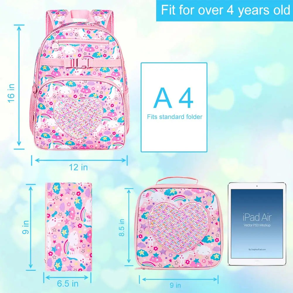 3PCS Unicorn Backpack Girls, 16”Pink Kindergarten Bookbag with Lunch Box, Kids Sequin Backpacks for Elementary School - LittleCuckoo