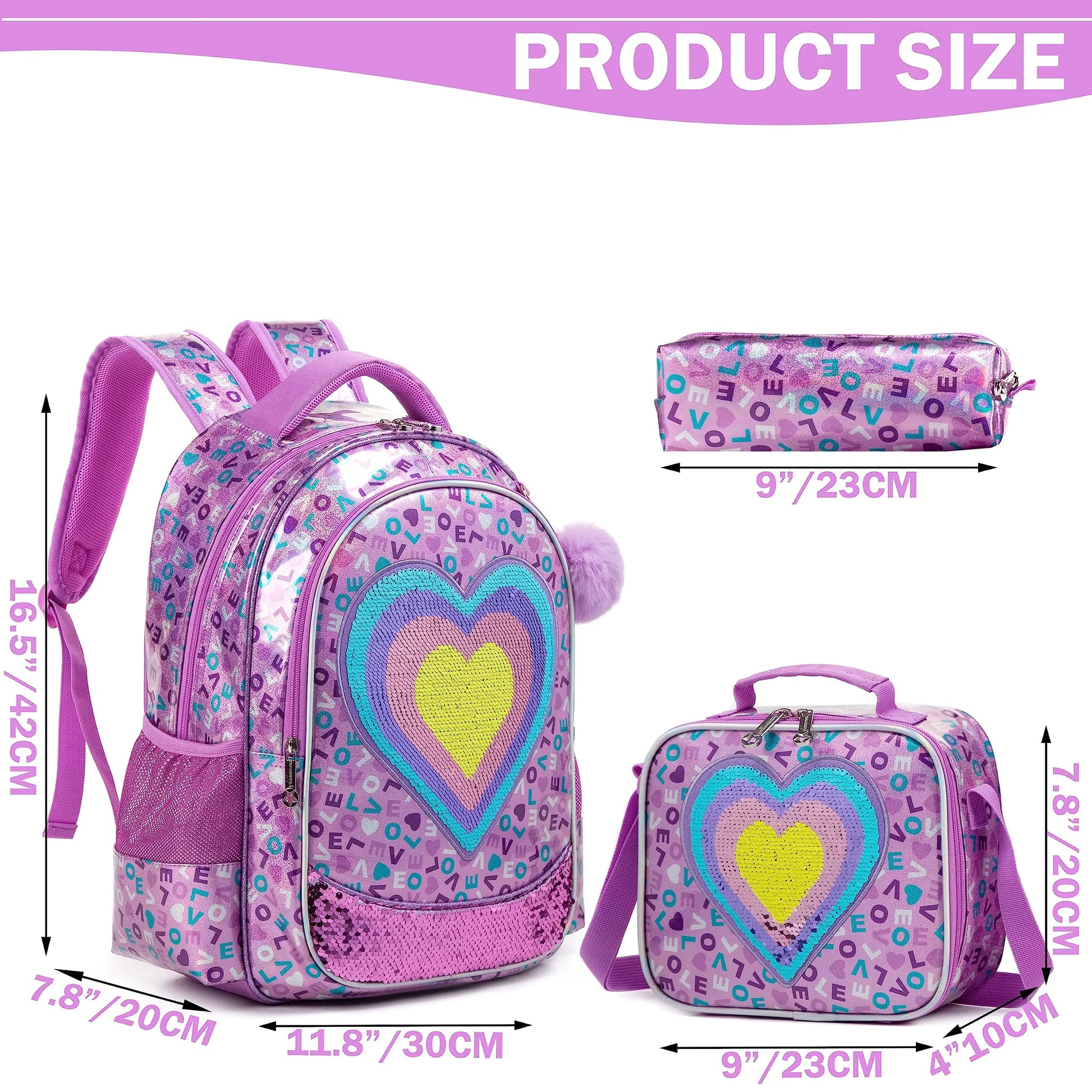 3-Pieces Backpack for Girls| Rainbow Colours with Glitter Style | Lunch Box Set | Pencil Case Set - LittleCuckoo