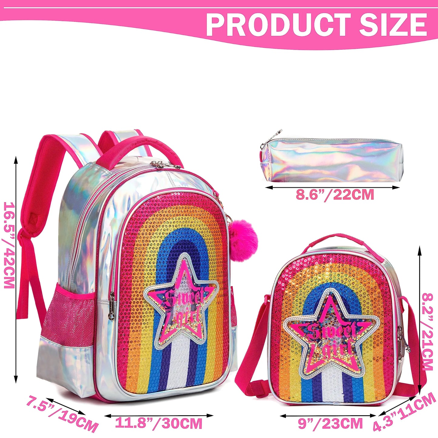3-Pieces Backpack for Girls| Rainbow Colours with Glitter Style | Lunch Box Set | Pencil Case Set - LittleCuckoo