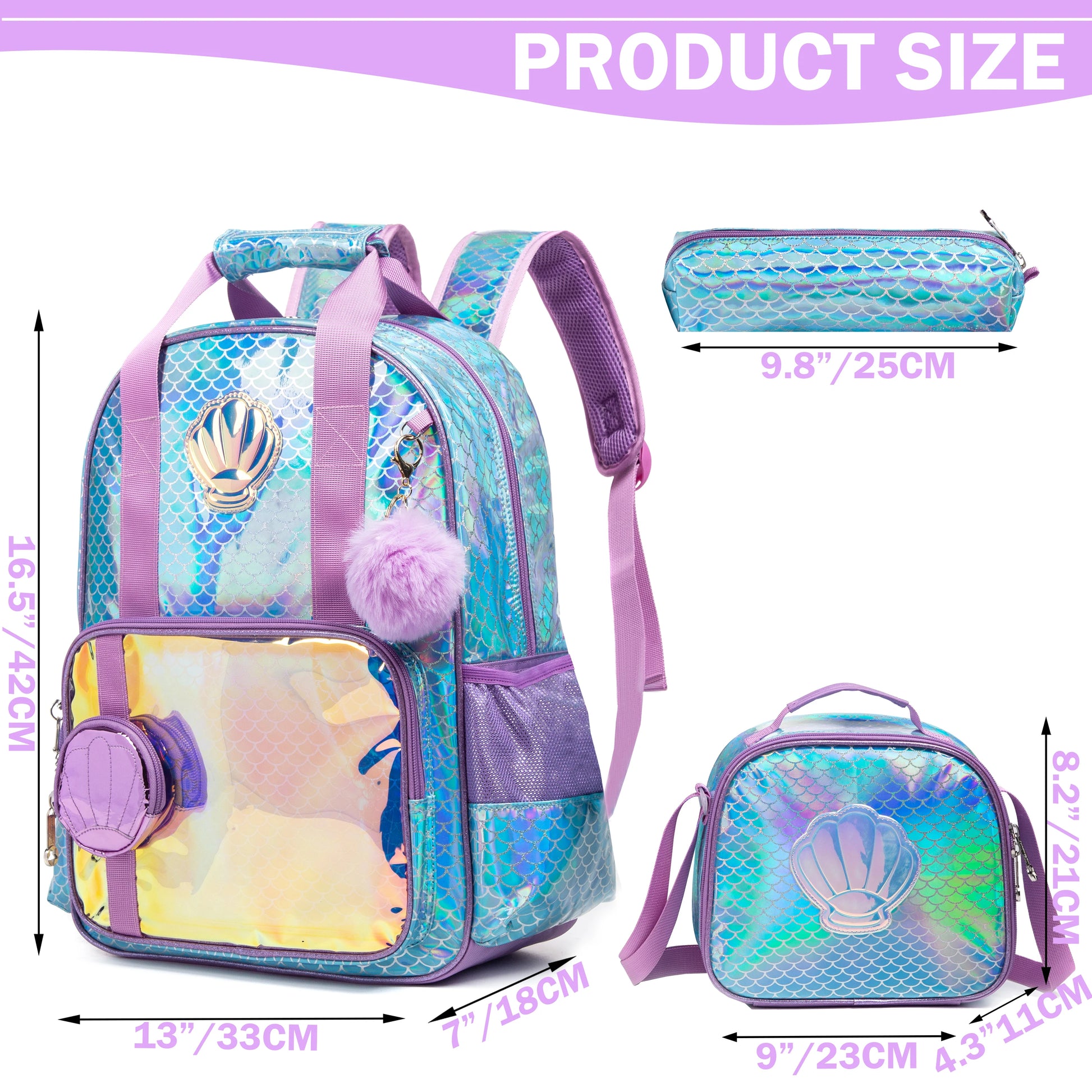 Mermaid Backpack for Girls Backpacks with Lunch Box Set Pencil Pouch LittleCuckoo