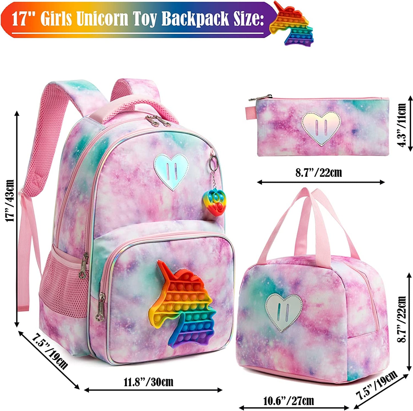 3 In 1 Kids Bags  || Children School Bags for Girl || Bag Set with Pop It Push It - LittleCuckoo